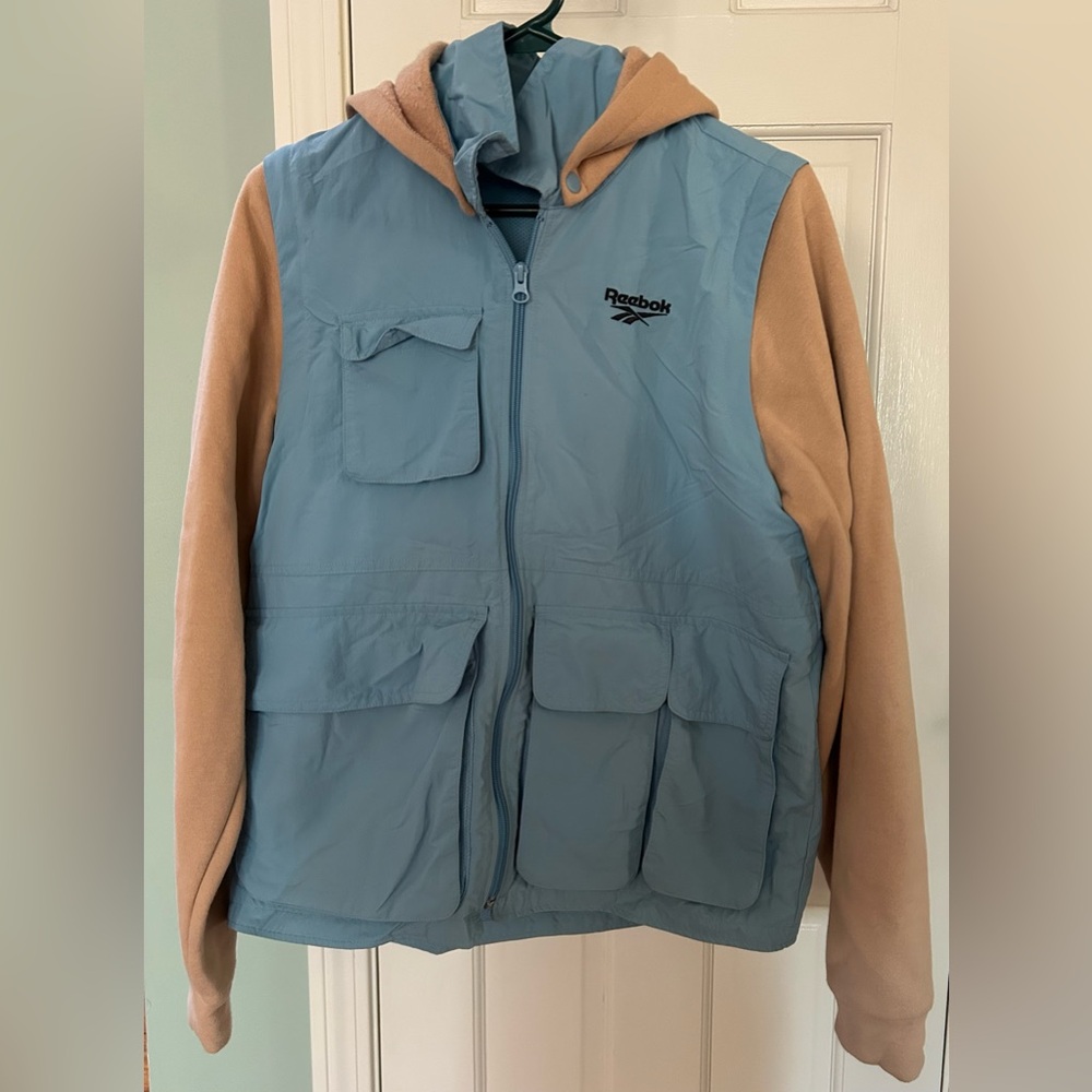 XS Women’s Reebok X Gigi Hadid Convertible Blue and Tan Hooded Sweatshirt Jacket
